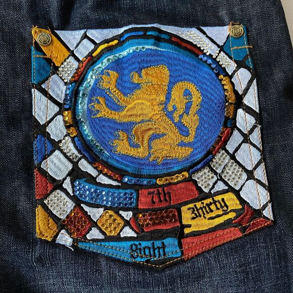 7th 38 Jean Shorts Mens Size 40 Blue Medium Wash Embroidered Gems Flaws Read - Picture 5 of 16